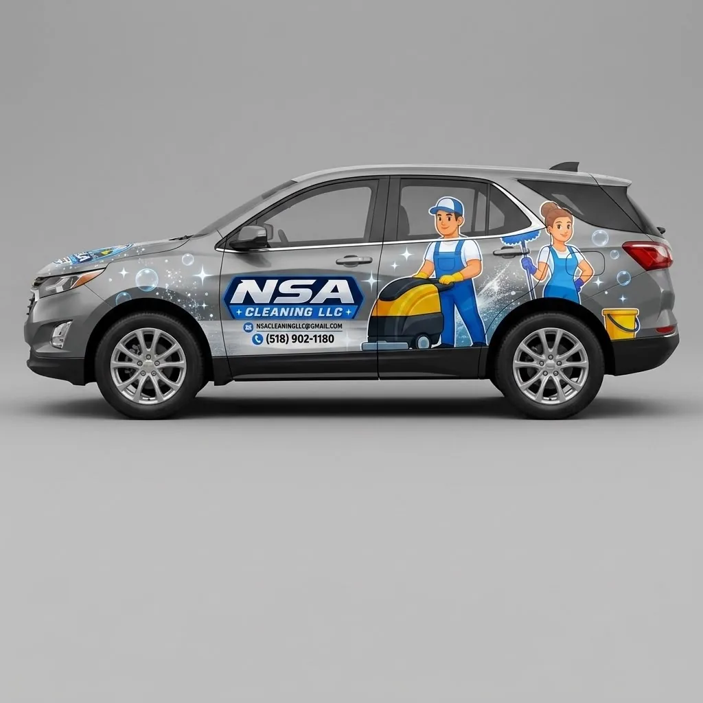 NSA Cleaning LLC branded company SUV with logo and phone number