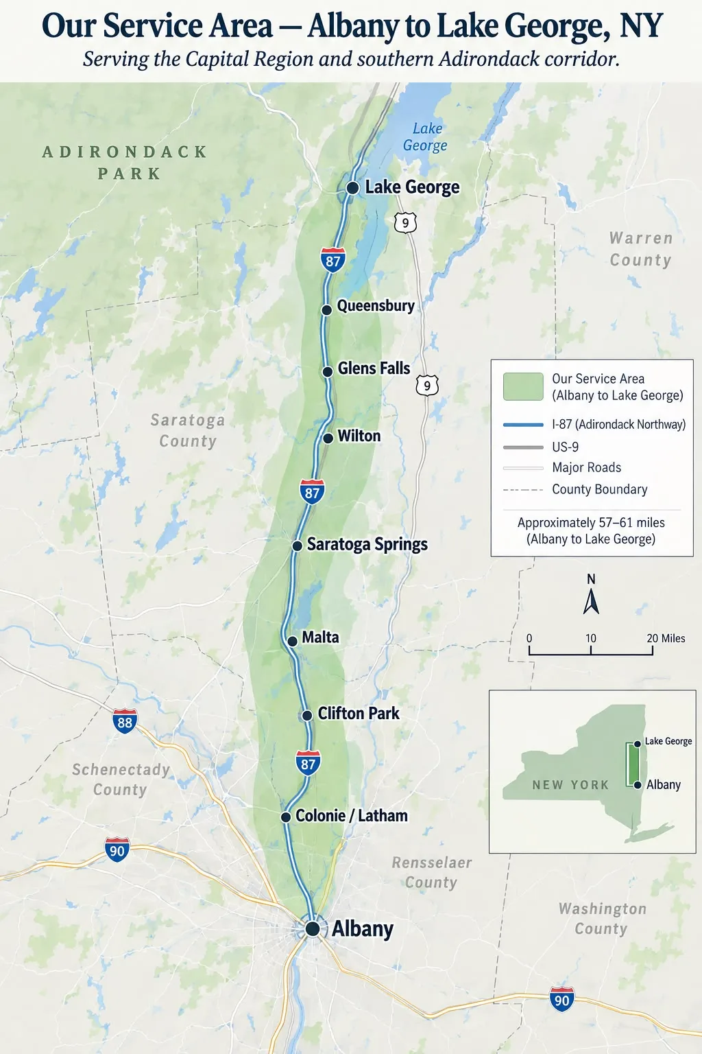 Service area map from Albany to Lake George, NY along I-87